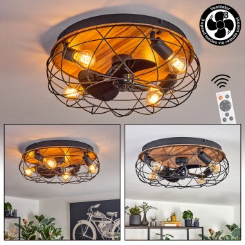 Tourais Plafonnier, Ventilateur de plafond lumineux LED Couleur bois, Noir, 4 lumières, Télécommandes