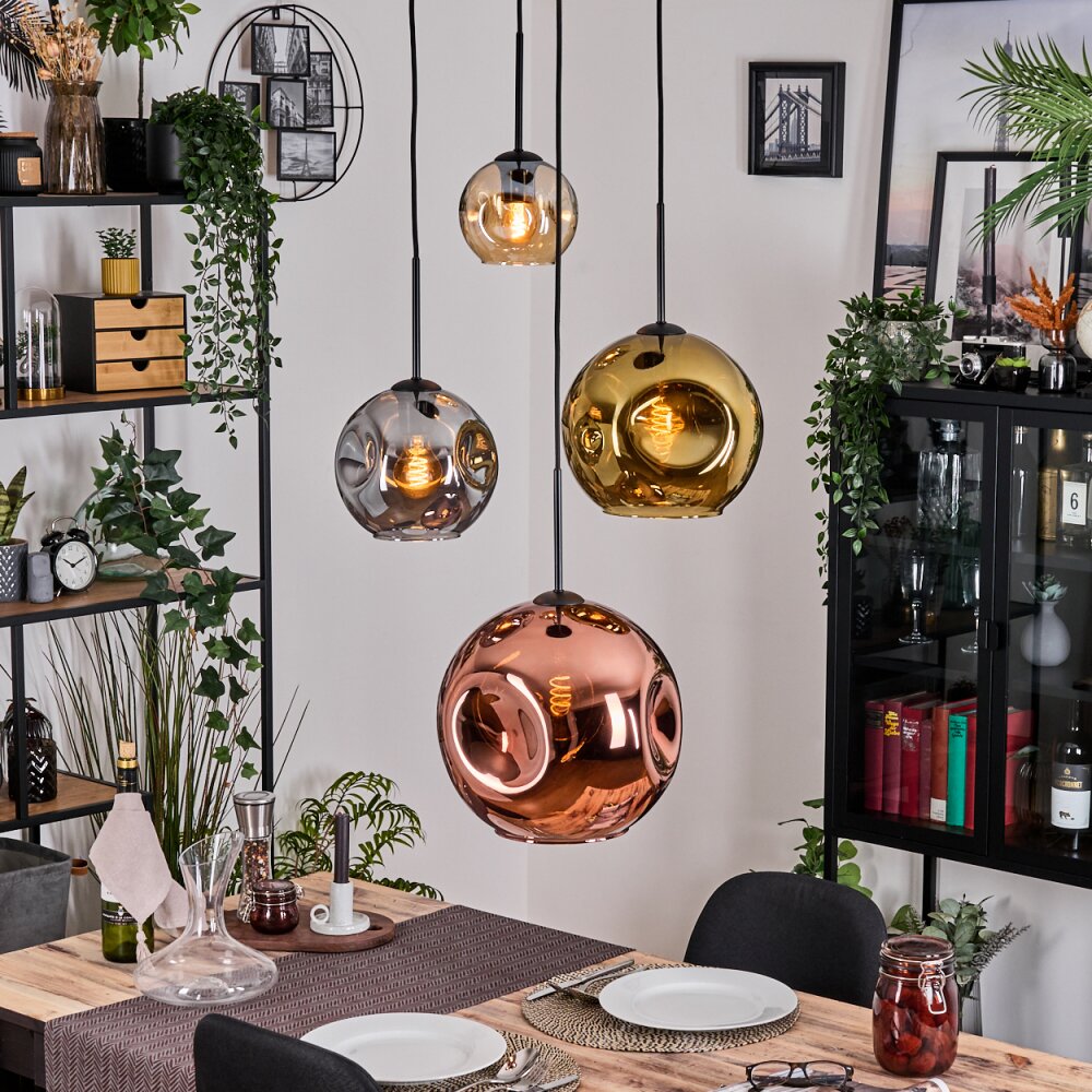 Ripoll Suspension, Boule lumineuse, Suspension grappe Ambre, Chrome, Or, Cuivré, Fumé, 4 lumières main product photo